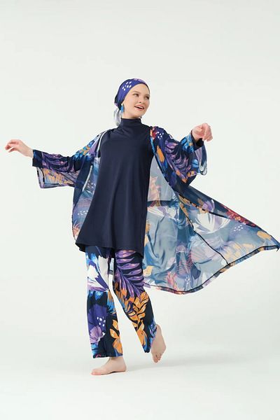 Bordomix 7175 Women's Navy Blue Floral Patterned Belted Long Pareo - Beach Dress