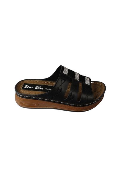 Yaz Kış Ayakkabı Yazkiş Women's Black Cream Skin Thick Sole Comfort Sole Slippers with Stones