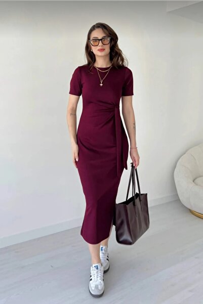 Safgiyim44 Yandan Bağlama Ve Yırtmaç Detaylı Kadın Elbise Bordo