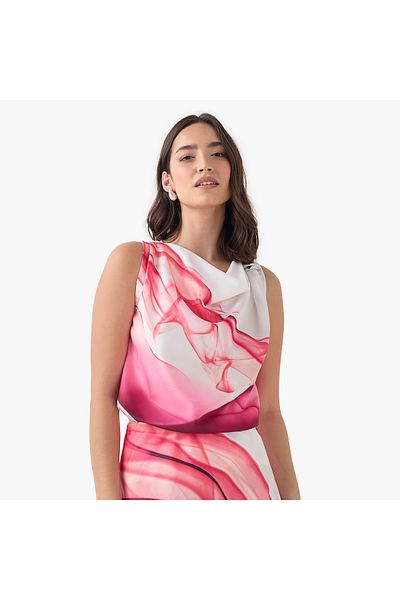 Iconic Printed Sleeveless Cowl Neck Top with Metal Accent