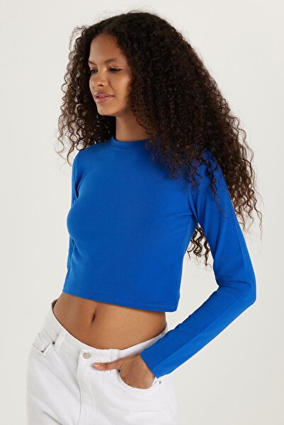 Tudors Жіноча бавовняна блуза прямого крою з круглим вирізом та синім коміром