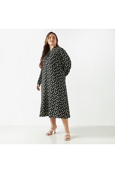 FAV Plus Size All-Over Polka Dot Print A-line Midi Dress with Long Sleeves
