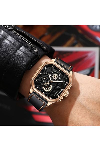 Generic Men’s Square Chronograph Watch – Black Analog Quartz with Leather Strap