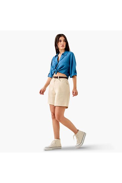 Lee Cooper Denim High Rise Shorts with Belt and Pockets