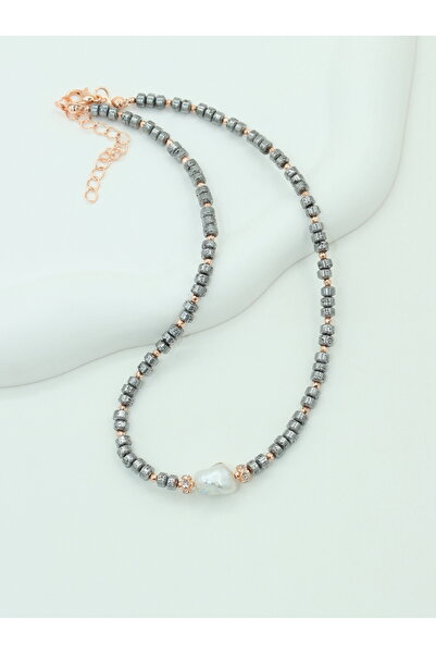 Yelda's İnci, Lav ve Hematit Doğal Taşlı Rose Altın Kaplama Kadın Kolye - 25K...