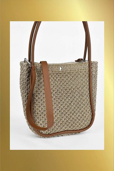 birizmoda Women's Knitted Hand and Shoulder Bag (with Makeup Bag) - Brown
