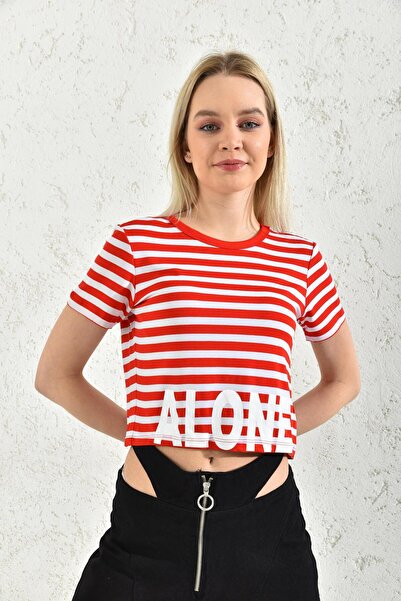 MOVİMENT Red Crew Neck Alone Printed Crop Blouse