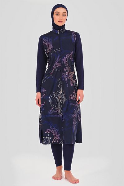 ALFASA Women's Embroidery Patterned Full Covered Hijab Swimsuit 24511-25 Navy Blue