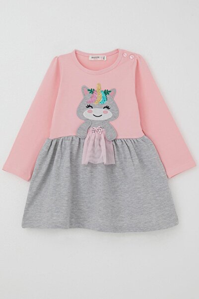 Breeze Kız Çocuk Elbise Pullu Nakışlı Kedicik 1-4 Yaş, Pudra