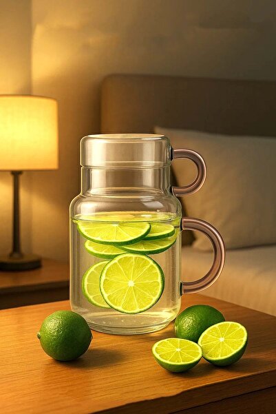 Jenisa Cam Başucu Sürahi Bardaklı Pembe Detaylı