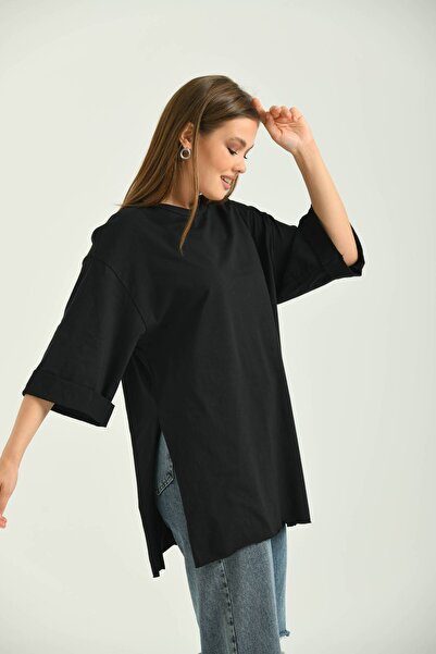 MOVİMENT Μαύρο πλεκτό μπλουζάκι με διπλό μανίκι φαρδύ κοψίμα ασύμμετρο άνοιγμα