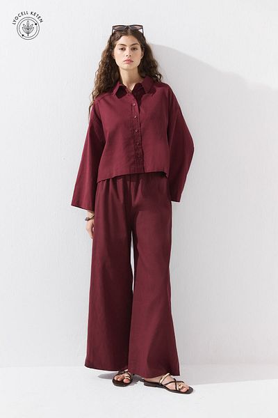 Hooopstore Lyocell Linen Flowy Elastic Burgundy Trousers