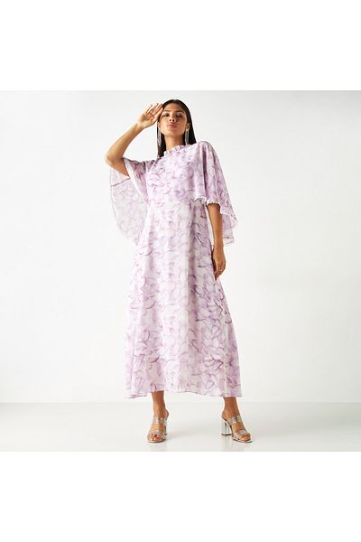 FAV All-Over Print Cape Dress with Ruffles and Lace Detail