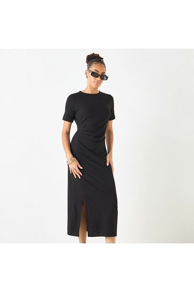 FAV Textured Round Neck Midi Dress with Short Sleeves and Slit Detail