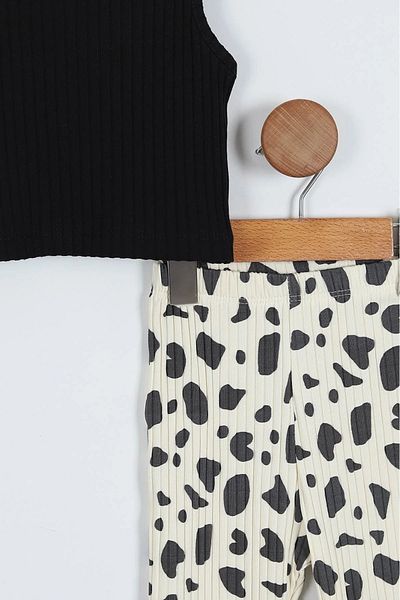 Butik Lena Ecru Black Croplu Spotted Flared Leggings Zero Sleeve Girl Suit
