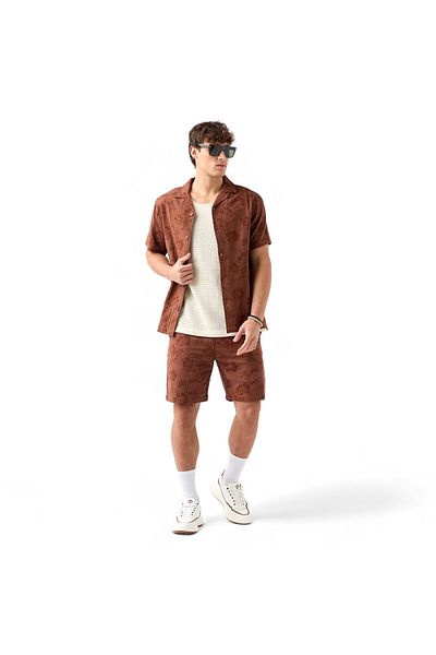 FAV Textured Shirt with Camp Collar and Short Sleeves