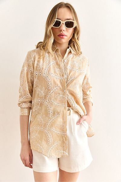 Olalook Women's Stone Geometric Scallop Detailed Shirt Gml-19001324