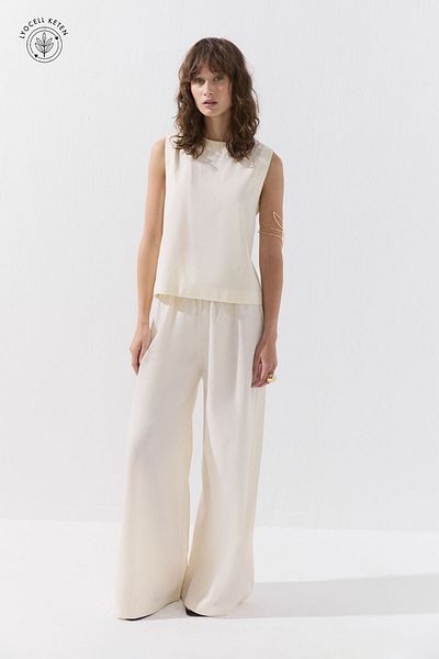 Hooopstore Lyocell Linen Flowy Elastic Ecru Trousers