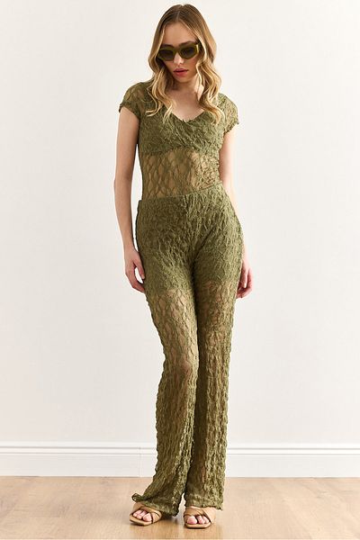 Olalook Women's Khaki Lined Lycra Lace Trousers Pnt-19000347