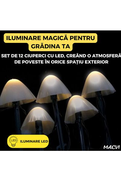 MACVI Set 10 lumini solare de gradina Macvi®, LED, alb cald, 5m, rezistente la apa, design tip ciuperci