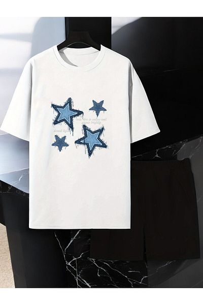 uyguntarz Unisex Stars Design bedrucktes T-Shirt-Shorts-Set