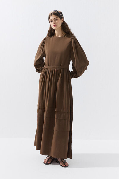 Hooopstore Cotton Blended Allerli Brown Dress