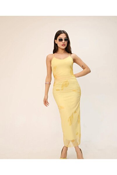YONEZ MODA Kadın Rahat Kalıp Sarı Çiçek Baskılı Astarlı Ayarlanabilir Askılı Elbise