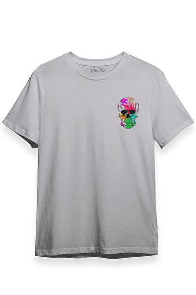 Kretas Siva majica sa šarenom lubanjom, glava lubanje, dugine boje Štampano u...