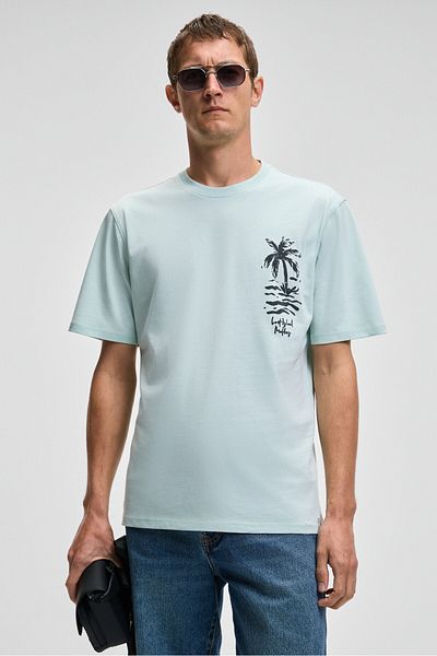 GRIMELANGE Sonora Men's Print Detailed 100% Organic Cotton Regular Fit Short Sleeve Light Green T-Shirt