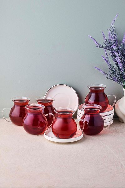 Perotti Kanlıca Platinum 12 Piece 6-Person Glass Tea Set with Handles 210 ml