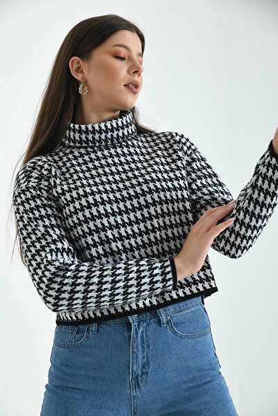 MOVİMENT Black Turtleneck Houndstooth Patterned Knitted Blouse
