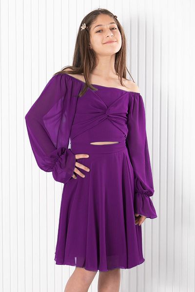 Modaviki Balloon Sleeve Chiffon Evening Dress Purple Mdv934