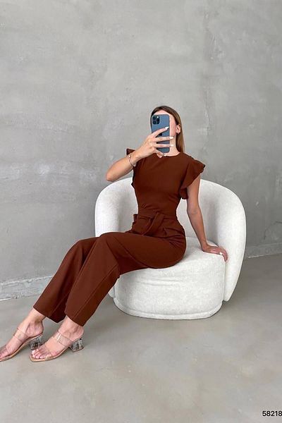 Deafox Brown Crepe Fabric Sleeves Flywheel Detail Belted Belted Jumpsuit
