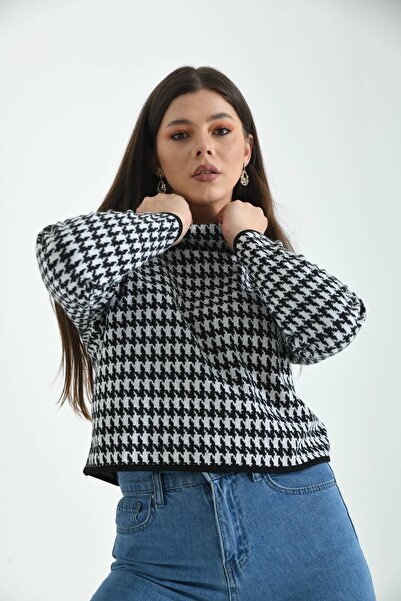 MOVİMENT Black Turtleneck Houndstooth Patterned Knitted Blouse