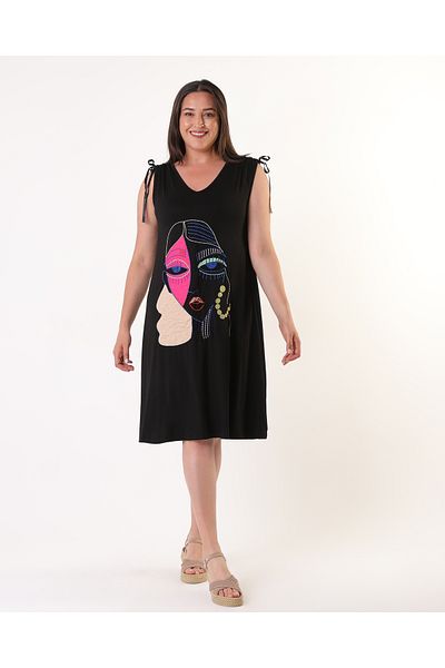 Şans Women's Plus Size Black, Embroidery Detailed, Sleeveless Viscose Dress 65N38970