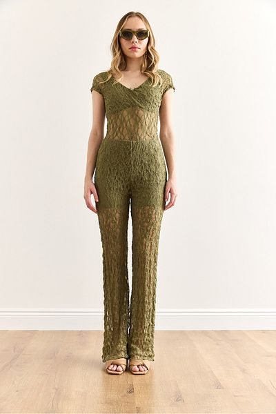 Olalook Women's Khaki Lined Lycra Lace Trousers Pnt-19000347