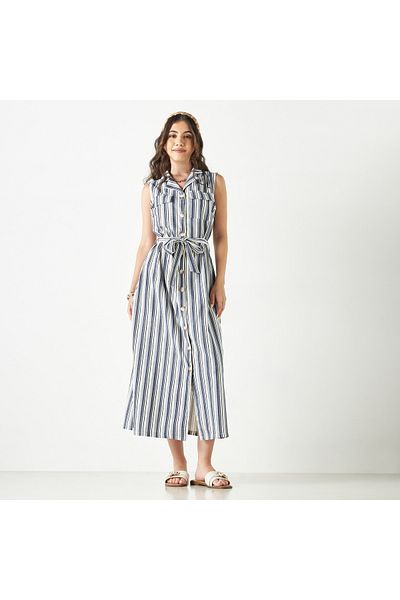FAV Striped Sleeveless Shirt Dress with Tie-Up Belt