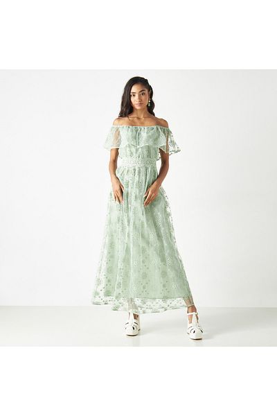 FAV All-Over Embroidered Off-Shoulder Dress with Ruffles