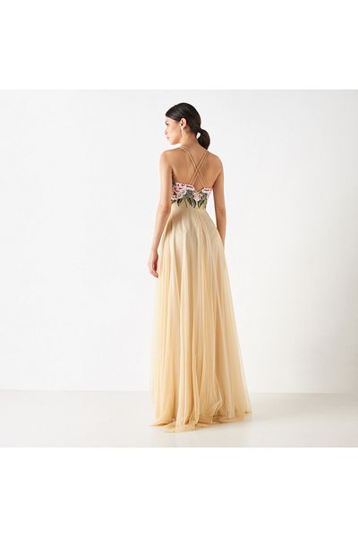 FAV Floral Embroidered Flared Maxi Dress with Cross Straps