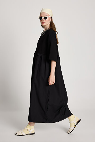 minaaise Χτενισμένο βαμβακερό μαύρο μακρύ φόρεμα oversize - 27258