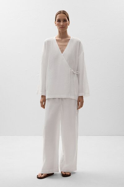 Oysho 100% linen side tie kimono shirt