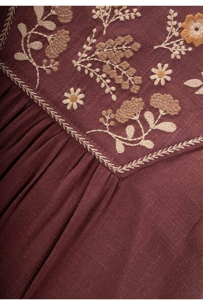 Cigit Robe Embroidered Linen Dress 2-7 Years Old Plum