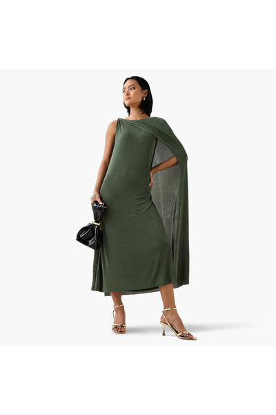Iconic Iconic Cape Midi Sleeveless Dress with Round Neck