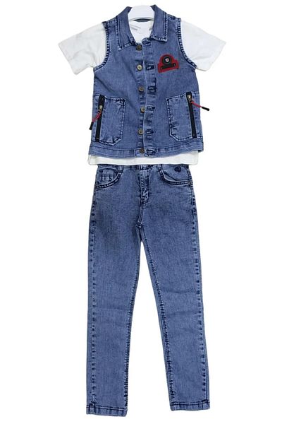 İrem Çocuk Giyim Boy's Button Closure Denim Vest T-Shirt Jeans Pants Three Piece Set