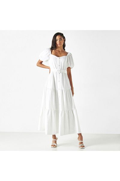 FAV All-Over Floral Detail Tiered Dress with Belt and Balloon Sleeves