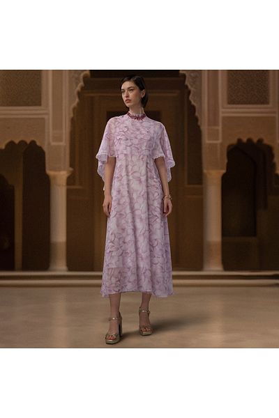 FAV All-Over Print Cape Dress with Ruffles and Lace Detail