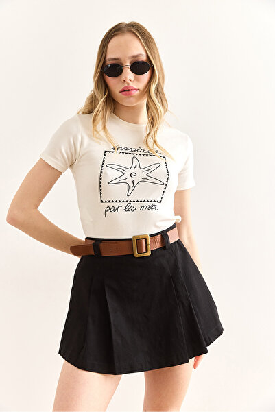 Olalook Women's Black Belted Gabardine Skirt with Shorts Etk-19000324