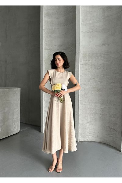 Moda Palmiss Women's Stone Flywheel Detailed Sleeveless Flared Dress