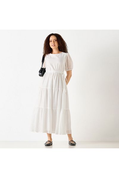 FAV Embellished A-line Midi Dress with Short Sleeves