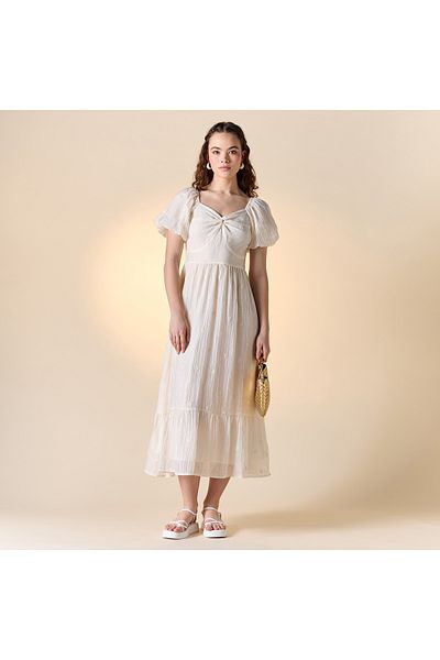 FAV Floral Embroidered Midi Dress with Sweetheart Neck and Short Sleeves